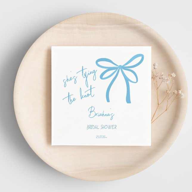 She's tying the knot blue ribbon bow printed napkins (She's tying the knot blue ribbon bow bridal shower printed napkins personalized tableware decor)