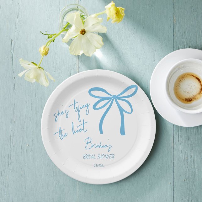 She's tying the knot blue ribbon bow printed paper plates (She's tying the knot blue ribbon bow bridal shower printed paper plates personalized tableware decor)
