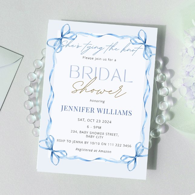 She's Tying the Knot Blue Ribbon Bridal Shower  Invitation (She's Tying the Knot Blue Ribbon Squiggle Bridal Shower Invitation)