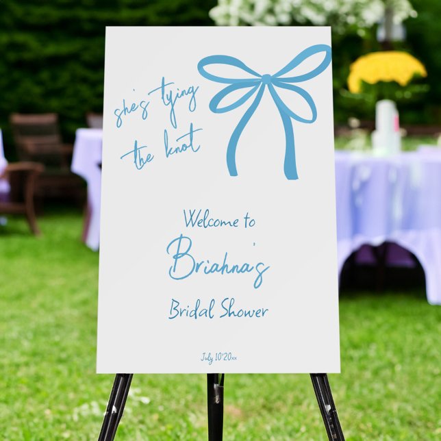 She's tying the knot blue ribbon welcome sign (She's tying the knot blue ribbon bow bridal shower welcome sign board personalized entrance decor)