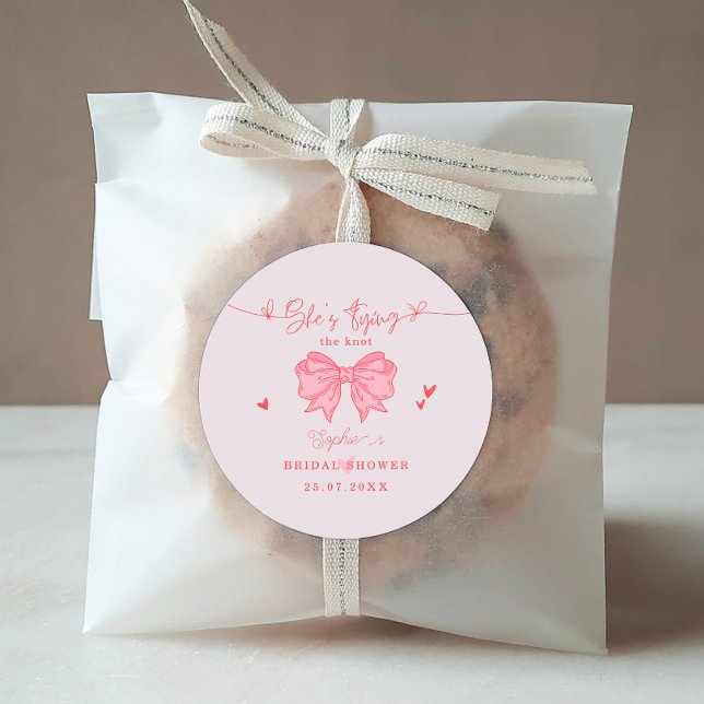 She's Tying the Knot Blush Pink Bow Bridal Shower Classic Round Sticker (Creator Uploaded)