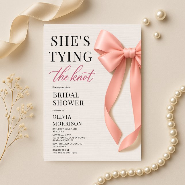 She's Tying The Knot Blush Pink Bow Bridal Shower Invitation (Creator Uploaded)