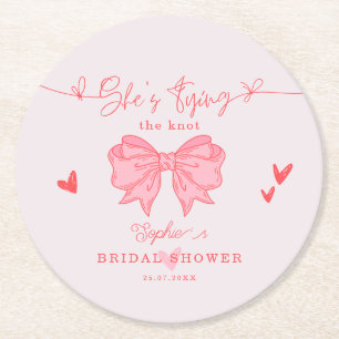 She's Tying the Knot Blush Pink Bow Bridal Shower Round Paper Coaster