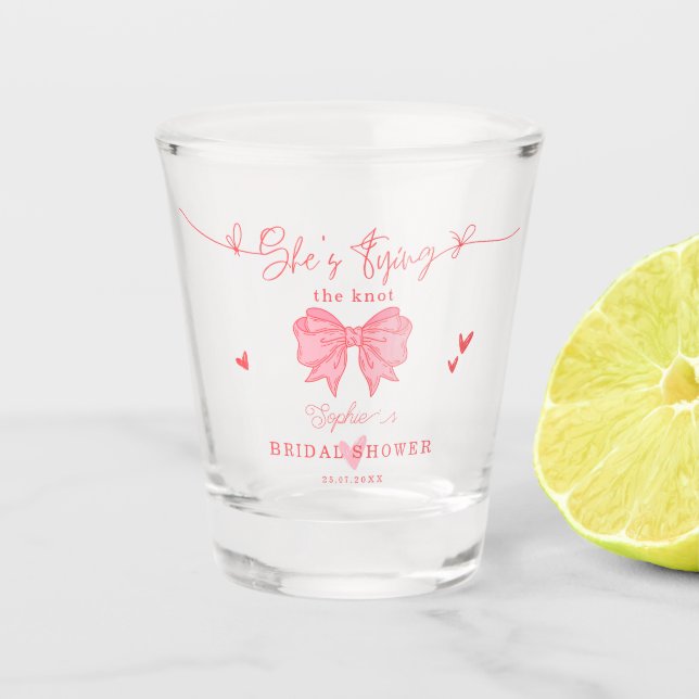 She's Tying the Knot Blush Pink Bow Bridal Shower Shot Glass (Front)