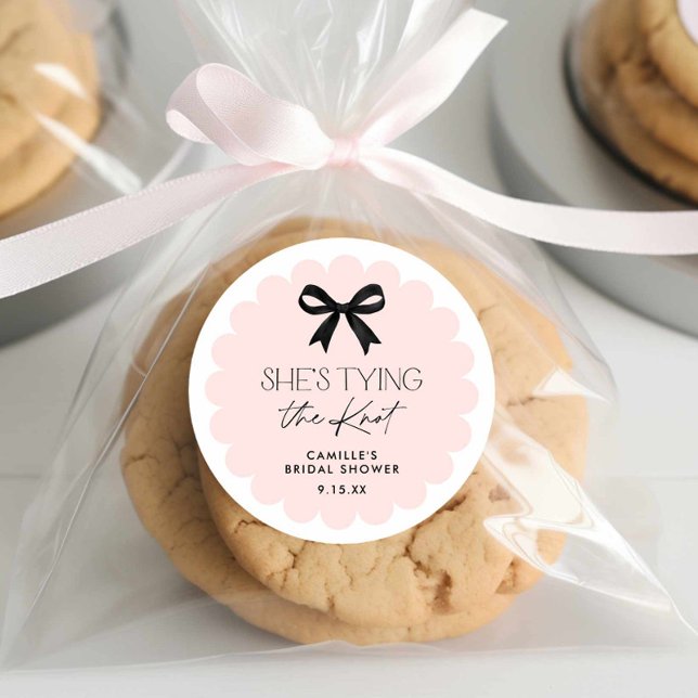 She's Tying The Knot Bow Bridal Shower Classic Round Sticker (Pink She's tying the knot round sticker)