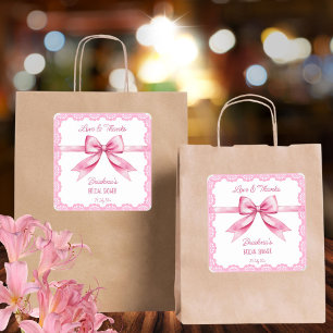 She's tying the knot bow bridal shower favor square sticker