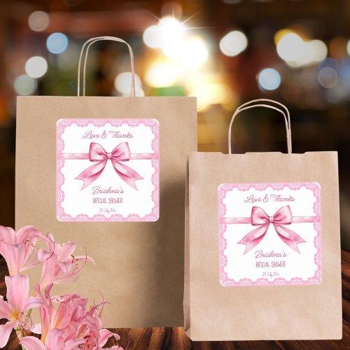 Shes tying the knot bow bridal shower favor square sticker