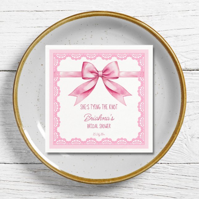 She's tying the knot bow bridal shower printed napkins (She's tying the knot pink bow retro lace bridal shower printed napkins template personalized decor)