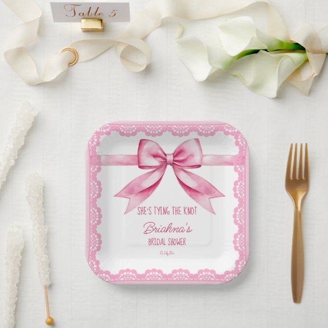 She's tying the knot bow bridal shower printed paper plates (Wedding)