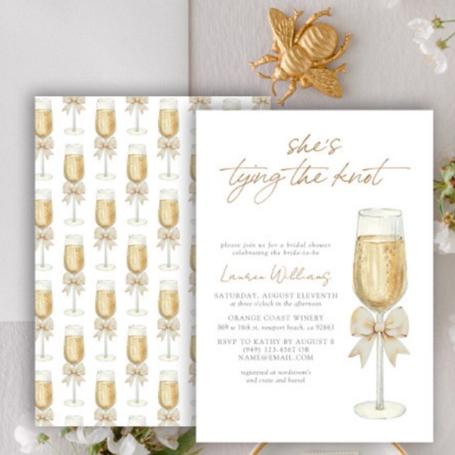 She's Tying the Knot Bow Champagne Bridal Shower Invitation (Creator Uploaded)