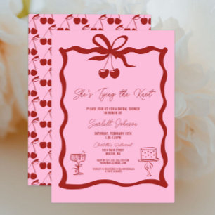 She's Tying the Knot Bow Cherry Red Bridal Shower Invitation
