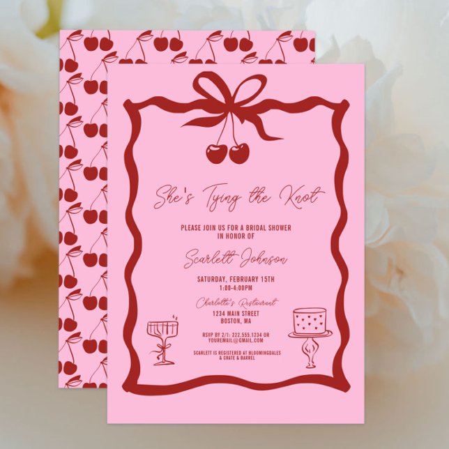 She's Tying the Knot Bow Cherry Red Bridal Shower Invitation (Pink and Cherry Red She's Tying the Knot Bow Bridal Shower Invitations, Chic Trendy, Wavy, Cherries)
