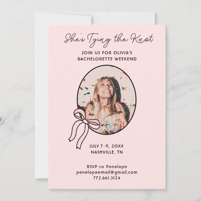 She's Tying the Knot Bows & Babes Bachelorette Invitation (Front)