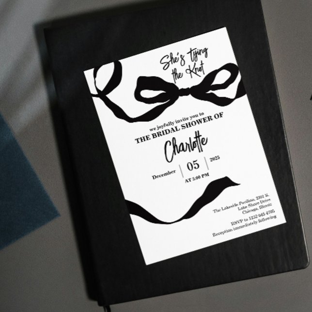 she's tying the knot bridal shower black and white invitation (marriage bride cute couple simple bridal shower black white simple)