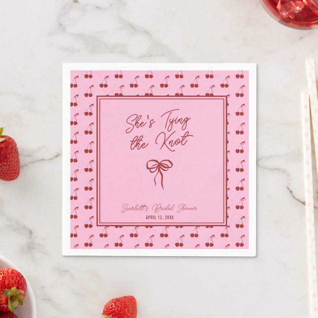 She's Tying the Knot Cherry Bridal Shower Cocktail Napkins (Add a cheerful touch with these custom "She's Tying the Knot" bridal shower cocktail napkins)