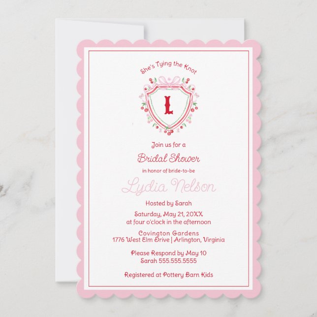 She's Tying the Knot Cherry Bridal Shower Monogram Invitation (Front)
