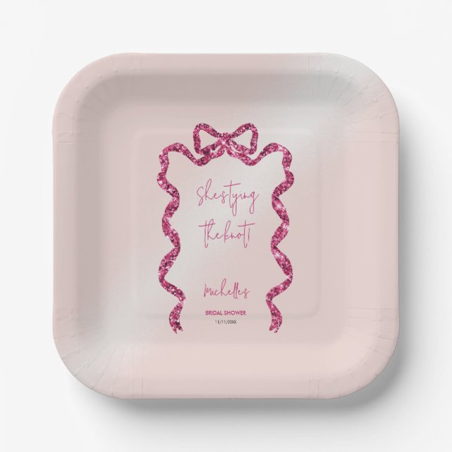 She's tying the knot chic glitter pink bow bridal  paper plates (Front)
