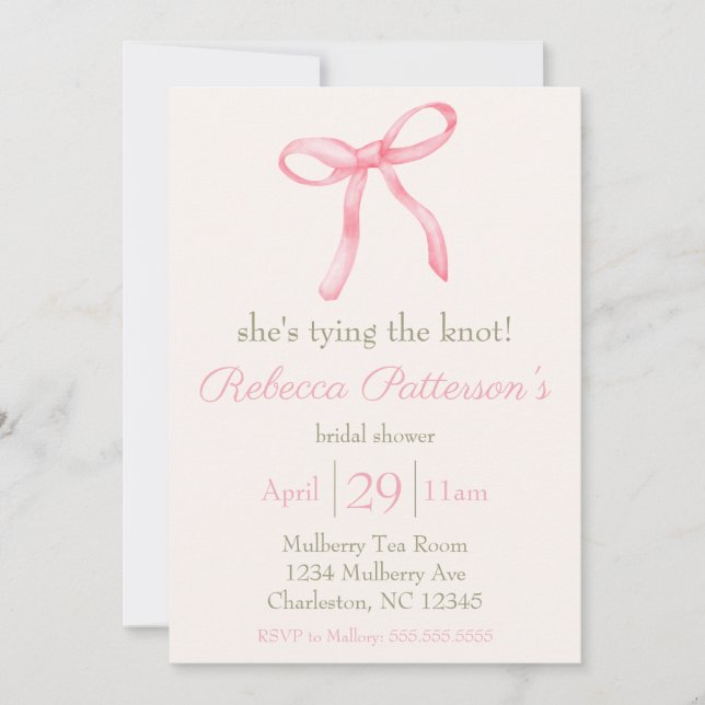 "She's tying the knot" Coquette Bridal Shower Invitation (Front)