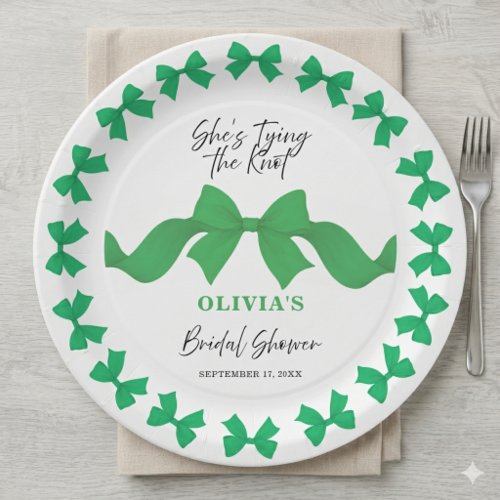 She's Tying the Knot Cute Green Bow Bridal Shower Paper Plates