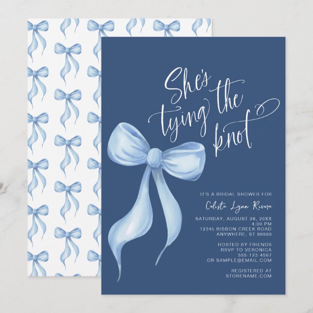 She's Tying the Knot Dark Blue Bridal Shower Invitation (Front/Back)
