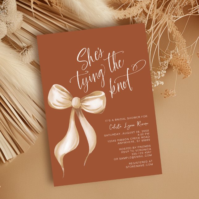 She's Tying the Knot Fall Autumn Bow Bridal Shower Invitation (Shown on a 5x7" invitation)