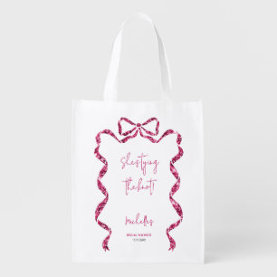 Shes tying the knot glitter pink bow bridal shower grocery bag