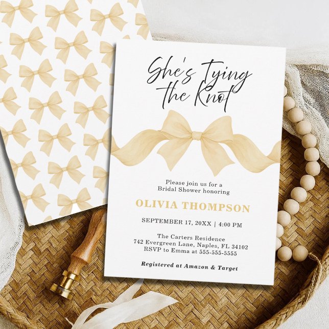She's Tying the Knot Gold Bow Bridal Shower Invitation (Creator Uploaded)