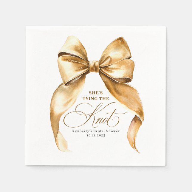She's Tying The Knot Gold Bow Bridal Shower Napkins (Front)