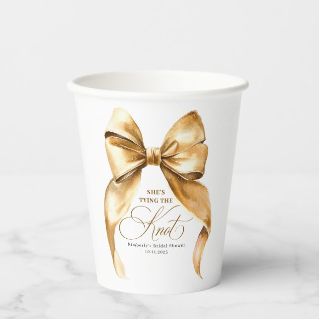 She's Tying The Knot Gold Bow Bridal Shower Paper Cups (Front)
