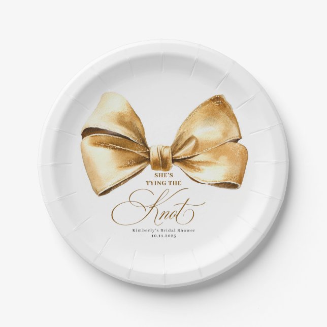 She's Tying The Knot Gold Bow Bridal Shower Paper Plates (Front)