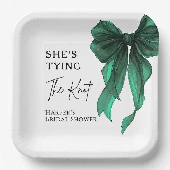 She's Tying The Knot Green Bow Bridal Shower Paper Plates (Front)