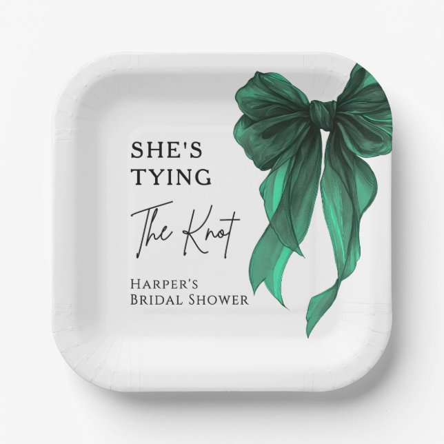 She's Tying The Knot Green Bow Bridal Shower Paper Plates (Front)