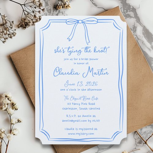 Shes Tying the Knot Hand Drawn Bow Bridal Shower Invitation