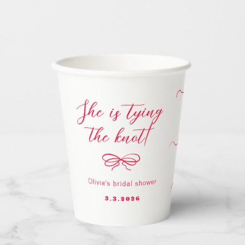 Shes tying the knot hand drawn red bow paper cups