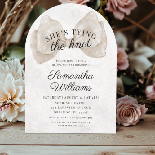 Shes Tying the Knot Ivory Lace Bow Bridal Shower  Invitation