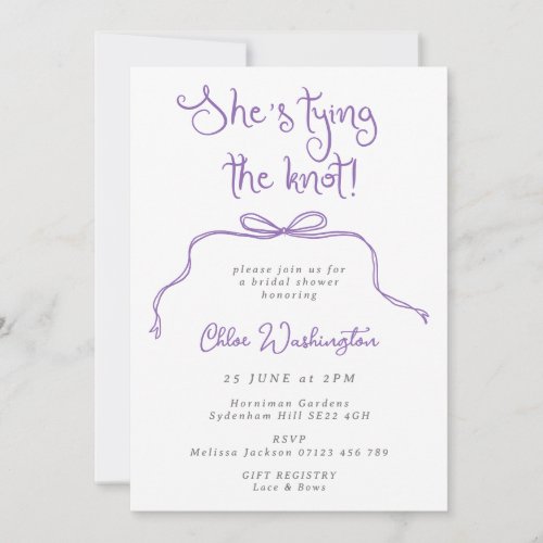 Shes Tying the Knot Lilac Fun Bow Bridal Shower Invitation