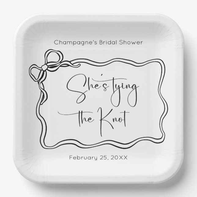 She's Tying The Knot Modern Script Bridal Shower Paper Plates (Front)