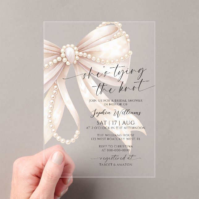 She's Tying the Knot Pearl Bow Bridal Shower Acrylic Invitations (Insitu (Handheld))