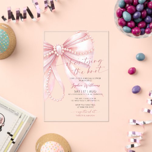 She's Tying the Knot Pearl Pink Bow Bridal Shower Acrylic Invitations