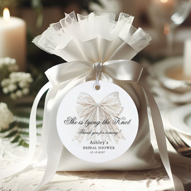She's Tying the Knot Pearls Bow Bridal Shower Favor Tags (Creator Uploaded)