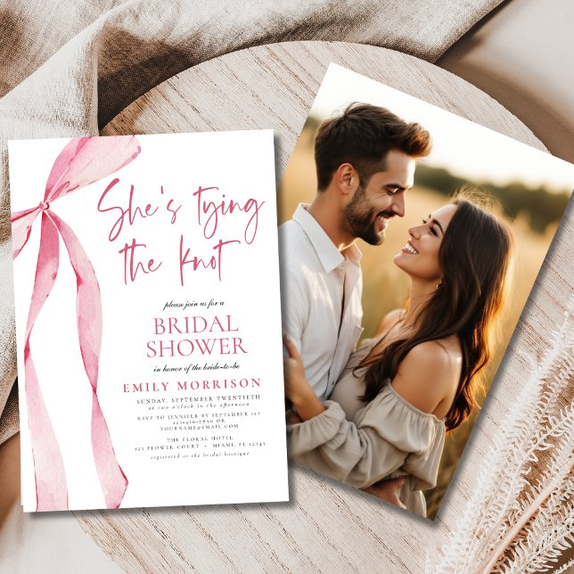 She's Tying the Knot Photo Pink Bow Bridal Shower Invitation (Creator Uploaded)