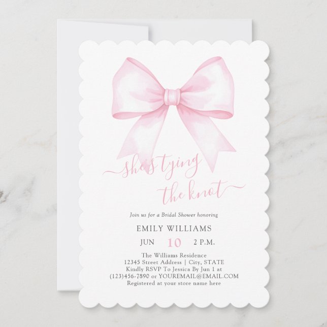 She's Tying The Knot Pink Blush Bow Bridal Shower Invitation (Front)