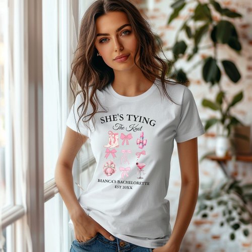 Shes tying the knot pink bow Bachelorette party C T_Shirt