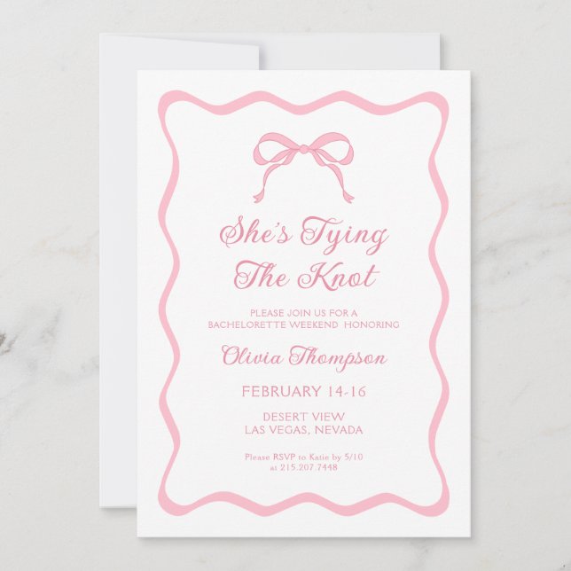 She's Tying the Knot Pink Bow Bachelorette Party Invitation (Front)