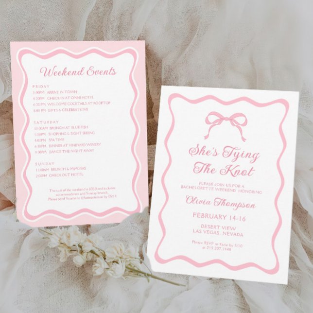She's Tying the Knot Pink Bow Bachelorette Party Invitation (Creator Uploaded)