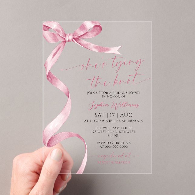 She's Tying the Knot Pink Bow Bridal Shower Acrylic Invitations (Insitu (Handheld))