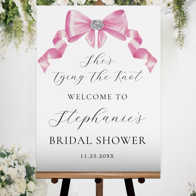 She's Tying The Knot Pink Bow Bridal Shower  Acrylic Sign (Creator Uploaded)