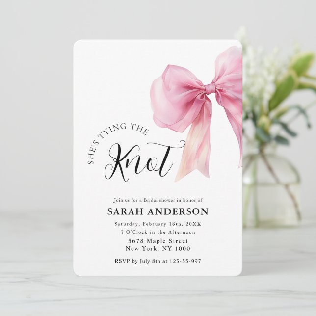 She's Tying the Knot pink bow Bridal Shower  Invitation (Standing Front)