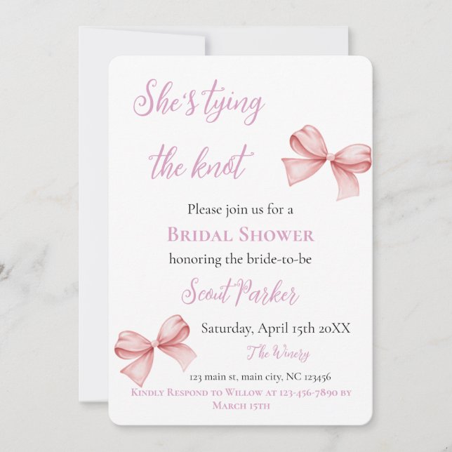 She's Tying the Knot Pink Bow Bridal Shower Invitation (Front)