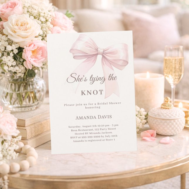 She's tying the knot pink bow Bridal Shower Invitation (Creator Uploaded)